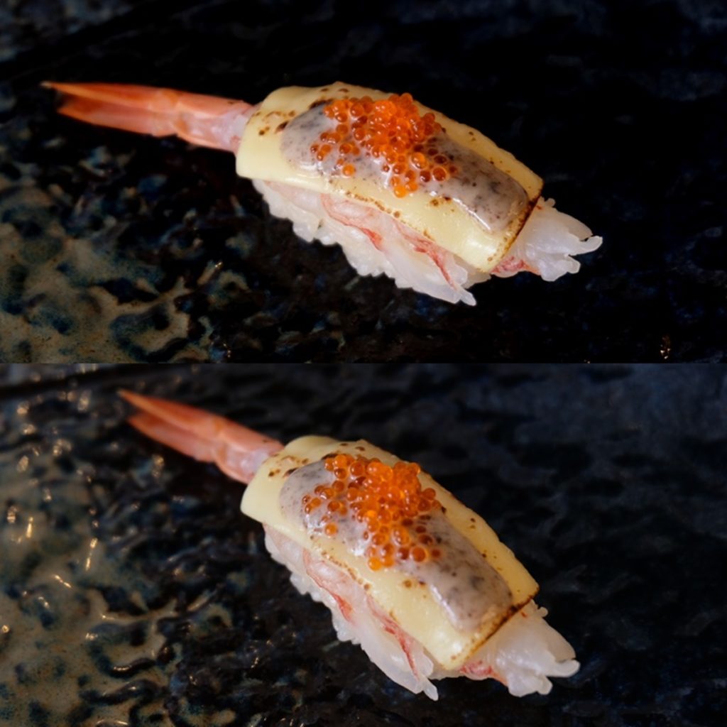 ซูชิกุ้งชีสเบิร์นไฟ (Aburi Cheese Akaebi Sushi)