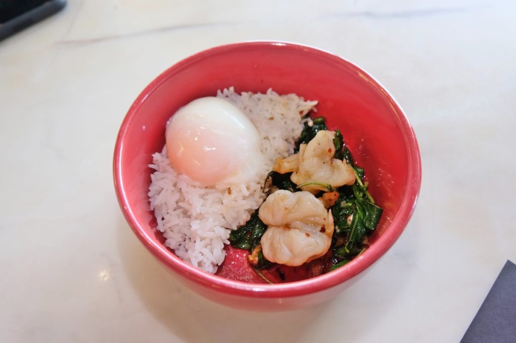 ข้าวกะเพรากุ้ง + ไข่ออนเซน (Spicy Holy Basil Shrimp with Jasmine Rice and Onsen Egg)